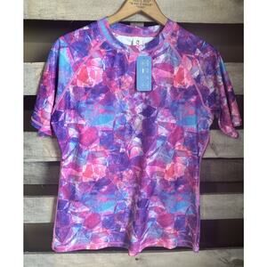 NWT Halcurt Rash Guard Swim Shirt Size Large Short Sleeve Purple Pink Blue